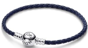 Pandora Moments Collection Round Clasp Blue Braided Leather Bracelet (592790C01-S3) Women's JEWELRY_main