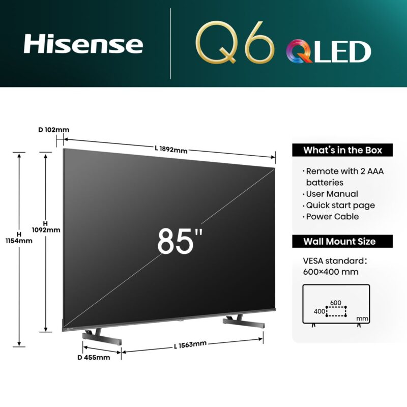 Hisense 85Q6N 85 inch 60HZ QLED,4K AI Upscaler,Dolby Vision,120 High Refresh Rate (LEDN85Q6N) - Image 9