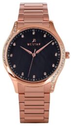 Westar Zing Crystal Accents Rose Gold Tone Stainless Steel Black Mother Of Pearl Dial Quartz 00127PPN613 Women's Watch