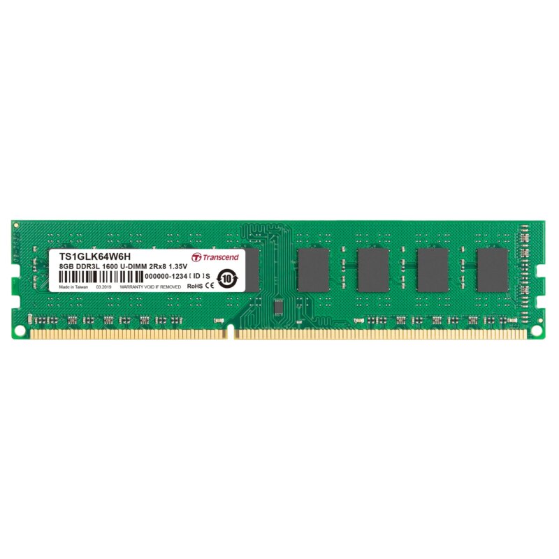 TRANSCEND 8GB DDR3L-1600 LOW VOLTAGE  DUAL VOLTAGE DESKTOP U-DIMM 1.5V/1.35V 2RX8 CL11 (TS1GLK64W6H)