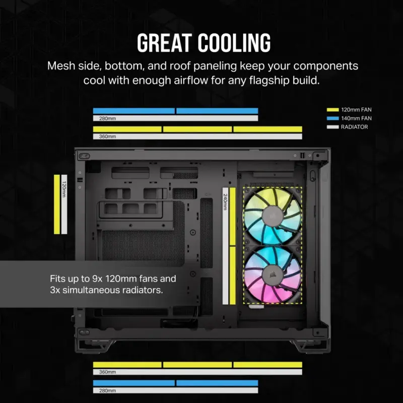 2500X RGB Micro ATX Black Dual Chamber PC Case; 2x 3.5'' |  2x 2.5'' Drive Bays; Up to 360mm Radiator; 2x 120mm fan incl (CC-9011267-WW) - Image 7