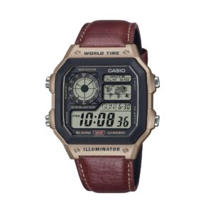 CASIO SPORT WORLD TIME ILLUMINATOR 5 ALARMS - FUTURE CLASSIC COLLECTION - LEATHER BROWN (AE-1200WHL-5AVEF)