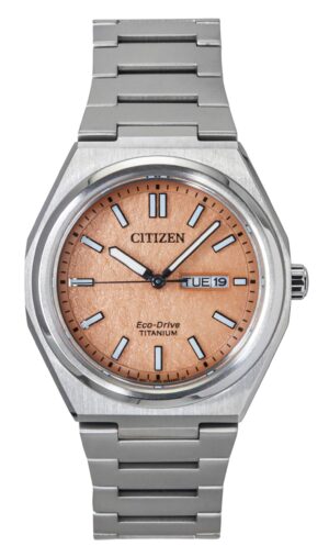 Citizen Zenshin Super Titanium Salmon Dial Eco-Drive AW0130-85Z 100M Men's Watch