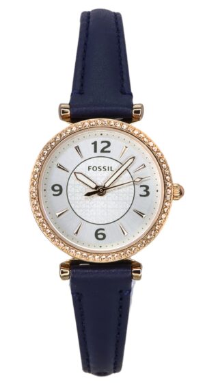 Fossil Carlie Crystal Accents Silver Dial Navy LiteHide Leather Quartz ES5295 Women's Watch