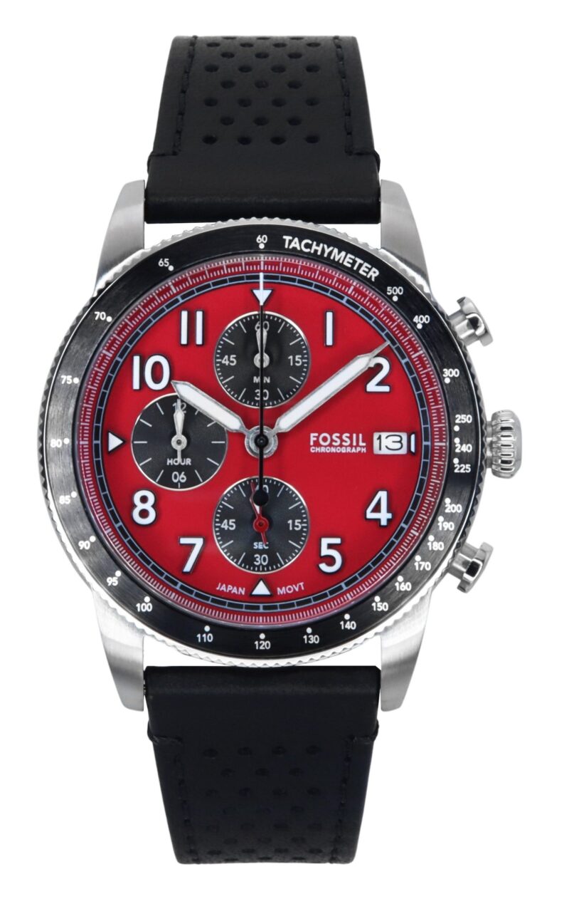 Fossil Sport Tourer Chronograph Leather Strap Red Dial Quartz FS6086 Men's Watch