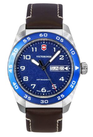 Victorinox Swiss Army Leather Strap Blue Dial Quartz 242040 100M Men's Watch