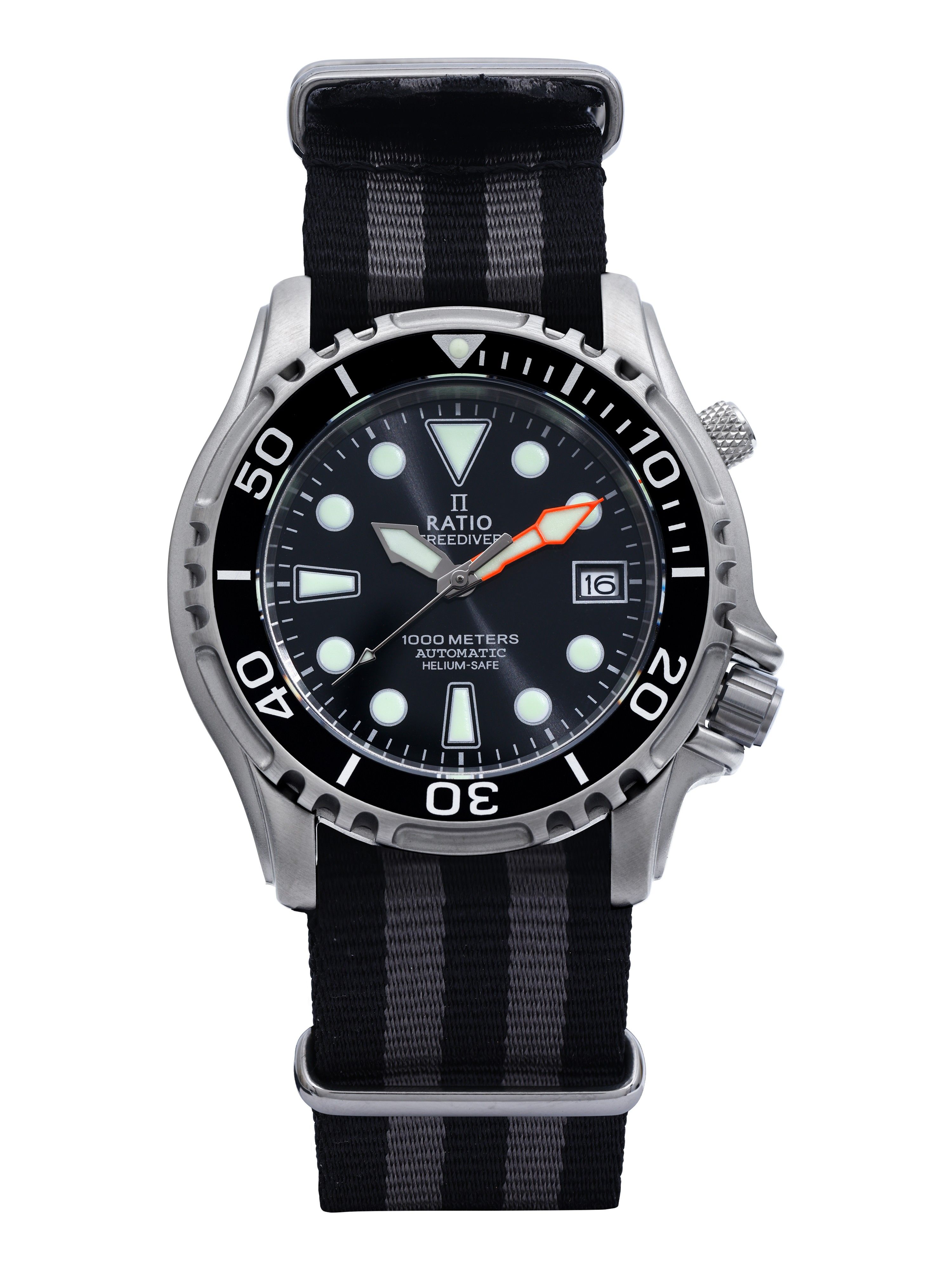 Ratio Free Diver Helium Safe Nylon Automatic Diver's 1066KE20-33VA-BLK-var-NATO1 1000M Men's Watch