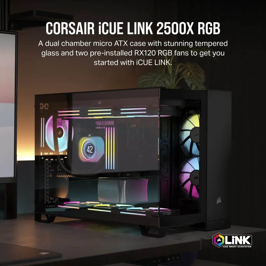 2500X RGB Micro ATX Black Dual Chamber PC Case; 2x 3.5'' |  2x 2.5'' Drive Bays; Up to 360mm Radiator; 2x 120mm fan incl (CC-9011267-WW)