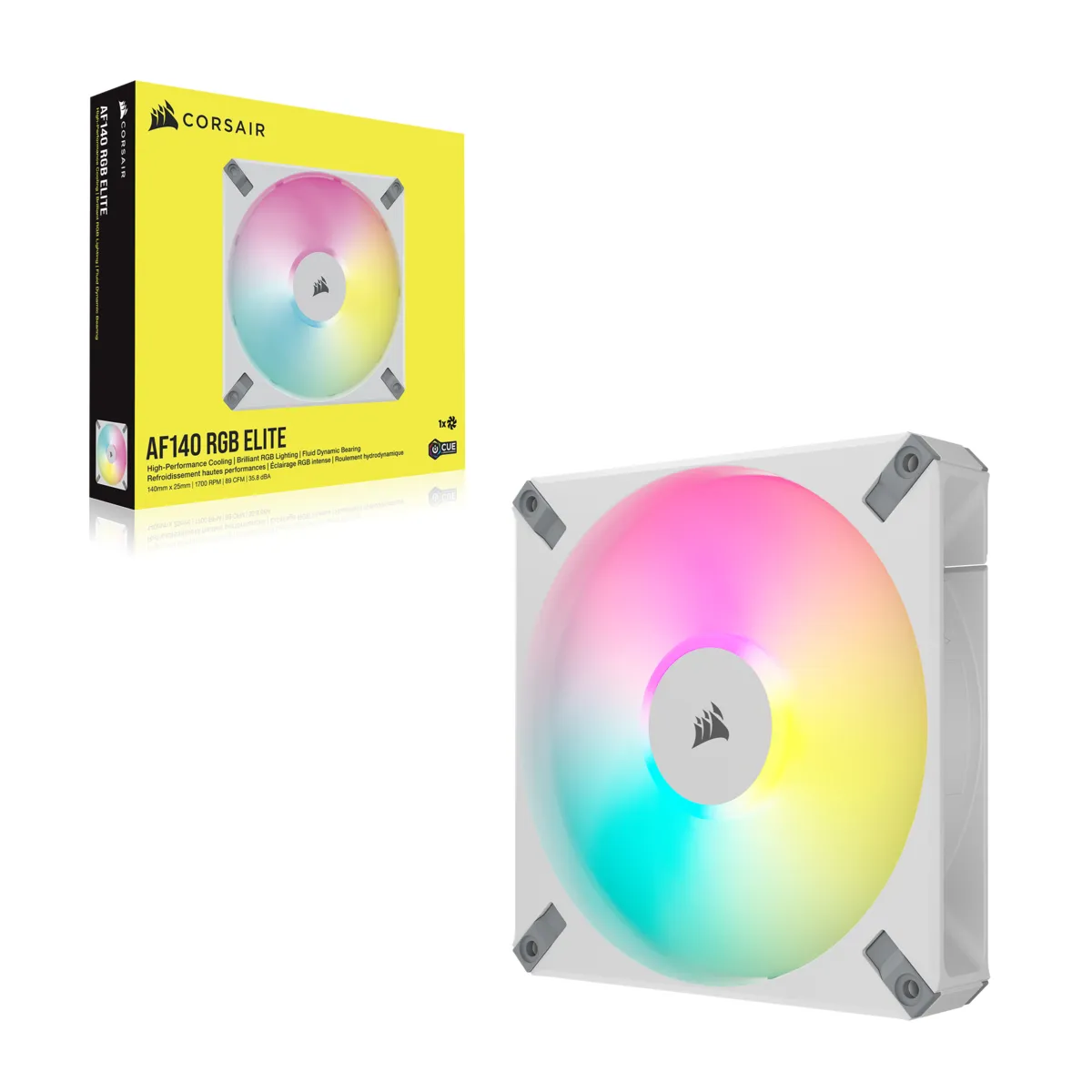 Corsair AF ELITE Series; AF140 RGB ELITE WHITE; 140mm Fluid Dynamic RGB Fan with AirGuide; Single Pack (CO-9050159-WW)