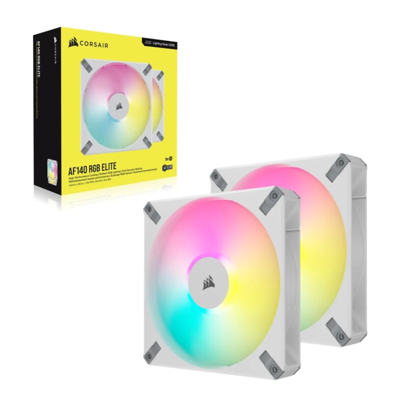 Corsair AF ELITE Series; AF140 RGB ELITE WHITE; 140mm Fluid Dynamic RGB Fan with AirGuide; Dual Pack with Lighting Node CORE (CO-9050160-WW)_2