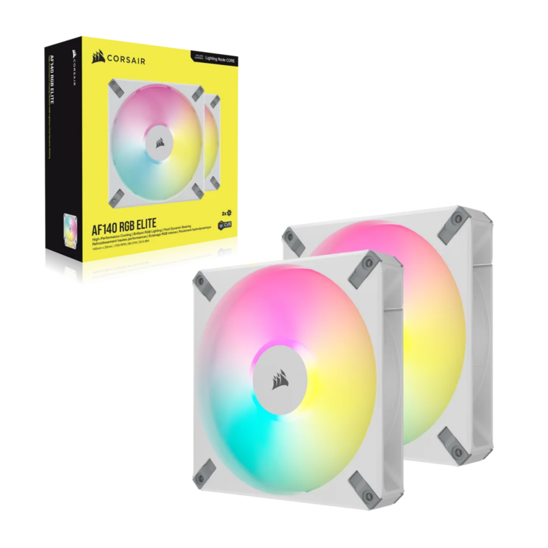 Corsair AF ELITE Series; AF140 RGB ELITE WHITE; 140mm Fluid Dynamic RGB Fan with AirGuide; Dual Pack with Lighting Node CORE (CO-9050160-WW)_3