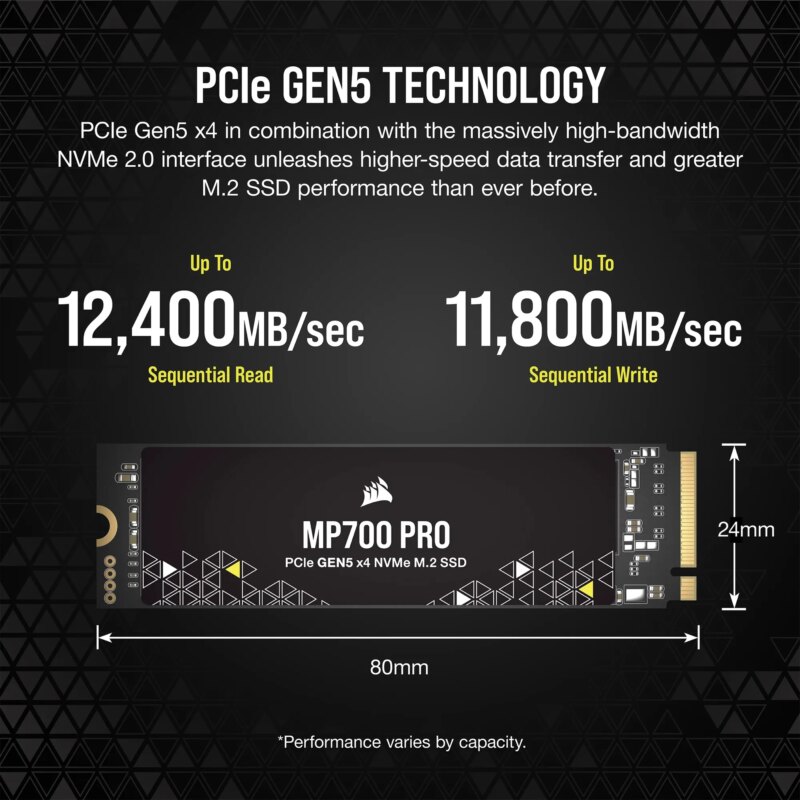 Corsair MP700 PRO 1TB M.2 NVMe PCIe Gen. 5 x4 SSD (no heatsink); Read Up To 11 700MB/s; Write up to 9600MB/s (CSSD-F1000GBMP700PNH)_1