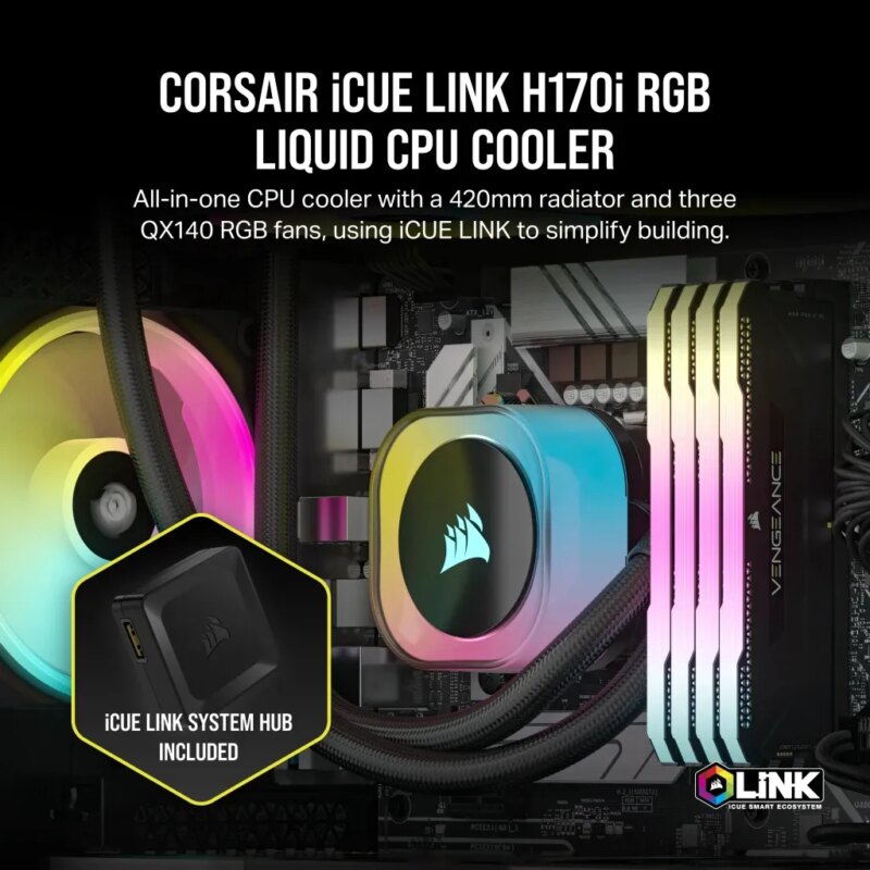 Corsair iCUE LINK H170i RGB Liquid CPU Cooler - QX140 RGB Fans - 420mm Radiator - Fits Intel® LGA 1700; AMD® AM5 - Hub Included (CW-9061004-WW)_8