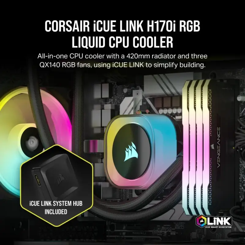 Corsair iCUE LINK H170i RGB Liquid CPU Cooler - QX140 RGB Fans - 420mm Radiator - Fits Intel® LGA 1700; AMD® AM5 - Hub Included (CW-9061004-WW)_9