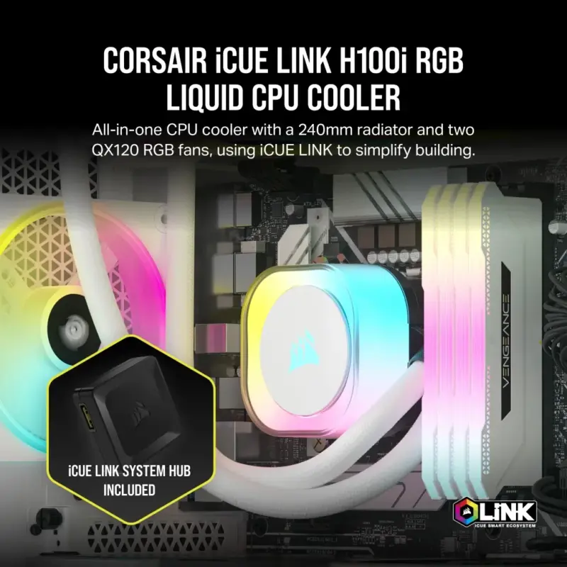 Corsair iCUE LINK H100i RGB Liquid CPU Cooler - QX120 RGB Fans - White - 240mm Radiator - Fits Intel® LGA 1700; AMD® AM5 - Hub I (CW-9061005-WW) - Image 18