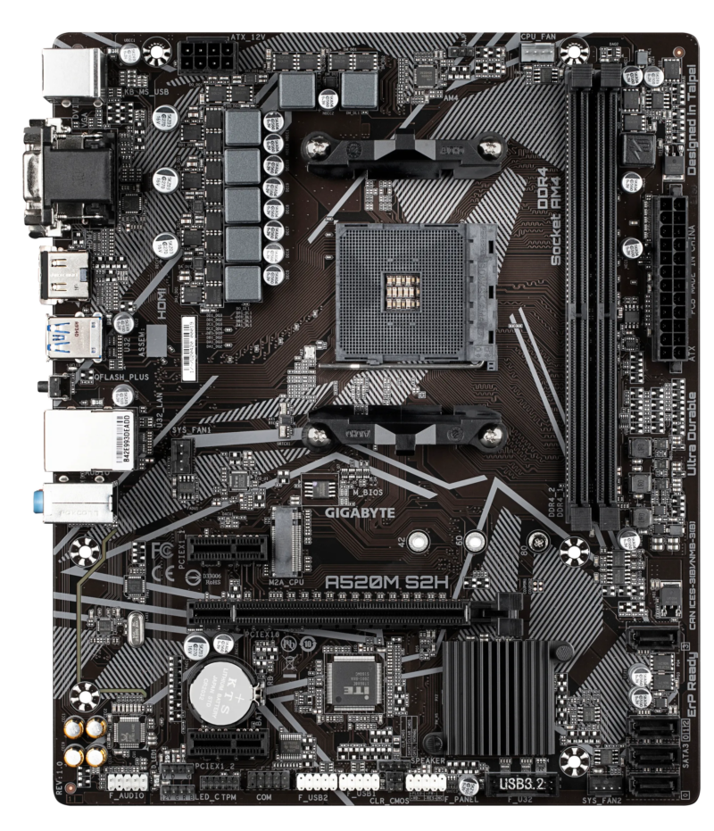 GIGABYTE Motherboard AMD A520M-S2H  for 3rd/4th/5th Generation AMD Ryzen™ processors; 2x Dual DDR4; 1x M2; HDMI; DVI; VGA. (GA-A520M-S2H)_3