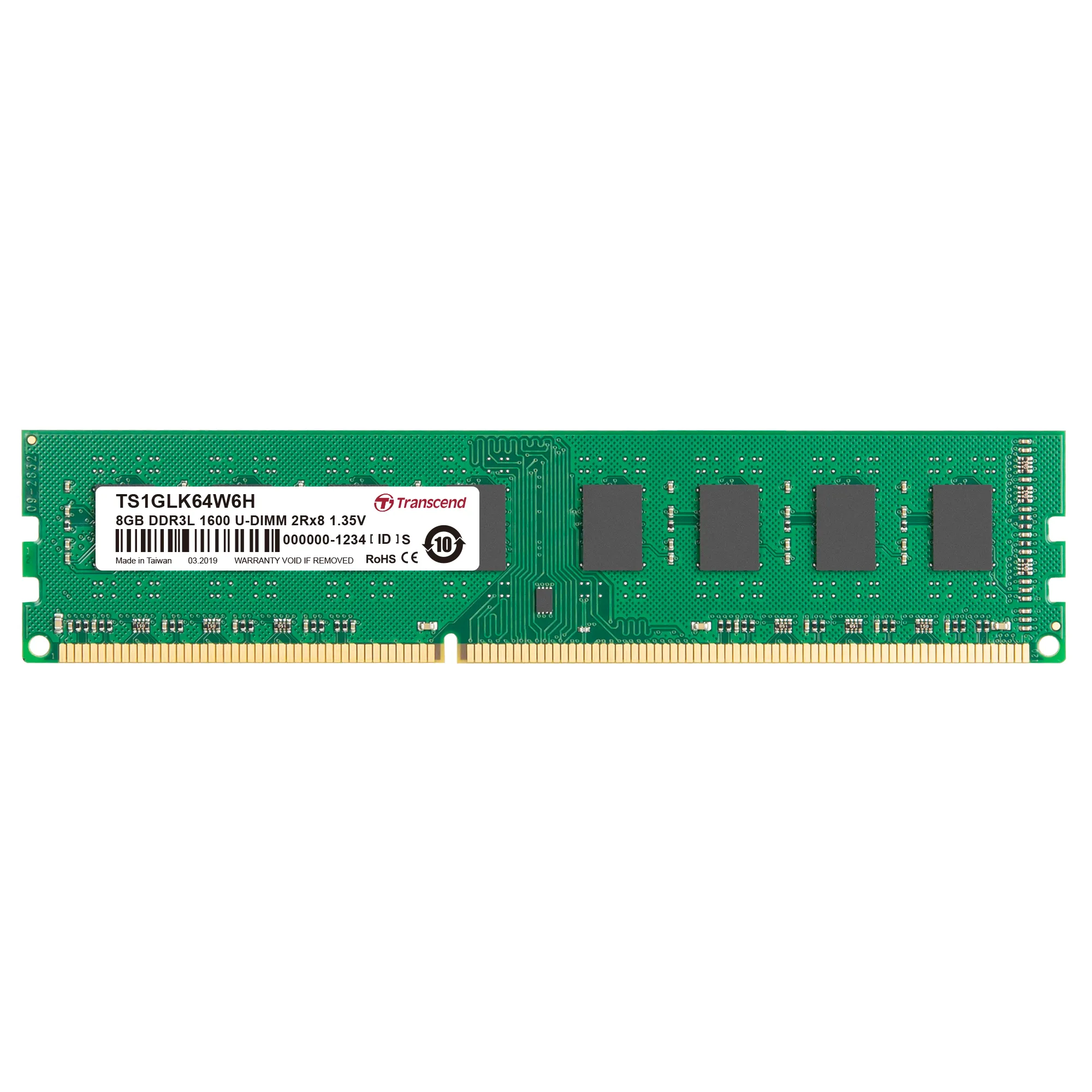 TRANSCEND 8GB DDR3L-1600 LOW VOLTAGE  DUAL VOLTAGE DESKTOP U-DIMM 1.5V/1.35V 2RX8 CL11 (TS1GLK64W6H)