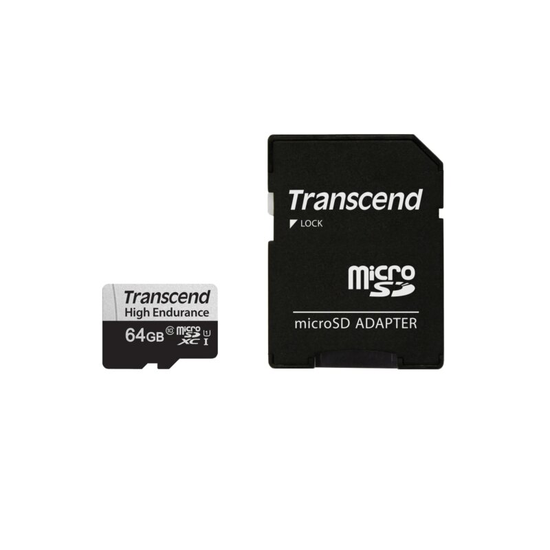 TRANSCEND 350V 64GB HIGH ENDURANCE MICRO SD UHS-I  U1 CLASS10 - READ 100 MB/S - WRITE 45MB/S - WITH SD ADPTOR (TS64GUSD350V)_1
