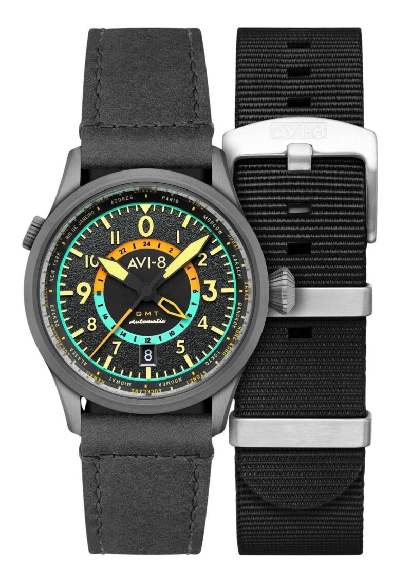 AVI-8 Flyboy Wingman Worldtimer GMT Tropical Grey Dial Automatic AV-4120-04 Men's Watch With Extra Strap