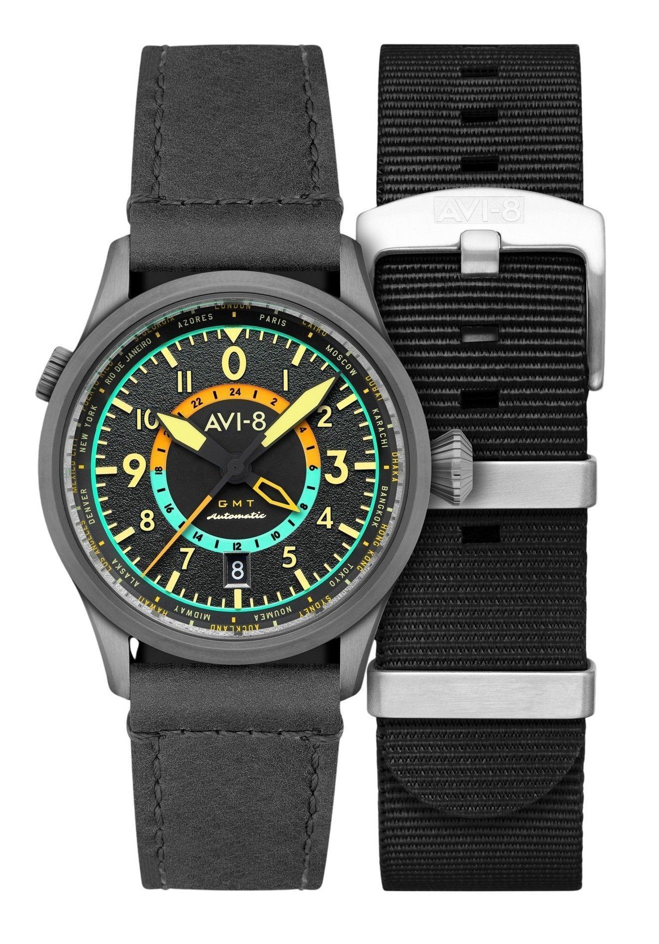 AVI-8 Flyboy Wingman Worldtimer GMT Tropical Grey Dial Automatic AV-4120-04 Men's Watch With Extra Strap