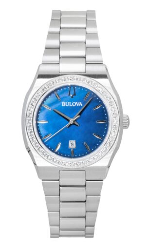 Bulova Surveyor Stainless Steel Diamond Accents Blue Mother Of Pearl Dial Quartz 96R246 Women's Watch