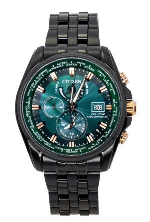 Citizen Perpetual Radio Controlled Chronograph Stainless Steel Green Dial Eco-Drive Diver's AT9128-87X 200M Men's Watch