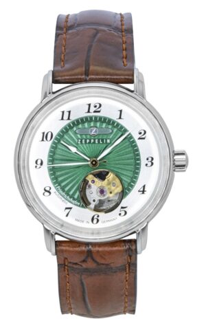 Zeppelin Friedrichshafen Leather Strap Open Heart Green Dial Automatic 85672 Women's Watch