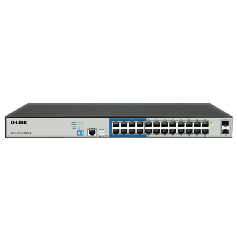 24 PoE 10/100/1000 ports + 2 Gigabit SFP ports Long Range Smart Switch 250W total POE budget; Max distance of 250m (DGS-F1210-26PS-E) 24 PoE 10/100/1000 ports + 2 Gigabit SFP ports Long Range Smart Switch 250W total POE budget; Max distance of 250m (DGS-F1210-26PS-E)