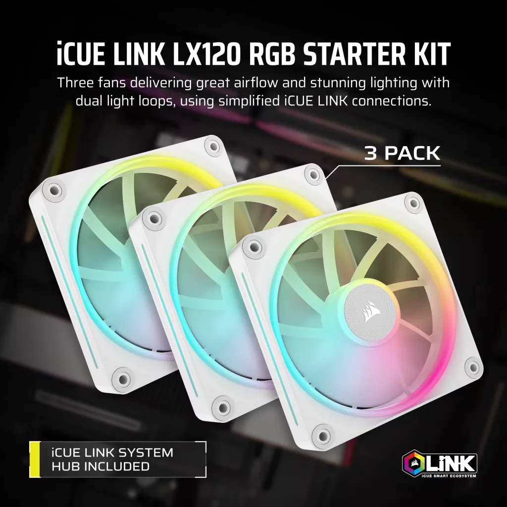 CORSAIR LX RGB Series; iCUE LINK LX120 RGB White; 120mm Fan; Triple Pack (CO-9051030-WW) 9 CORSAIR LX RGB Series; iCUE LINK LX120 RGB White; 120mm Fan; Triple Pack (CO-9051030-WW) - Image 9