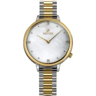 Westar Zing Crystal Accents Two Tone Stainless Steel White Mother Of Pearl Dial Quartz 00135CBN111 Women's Watch