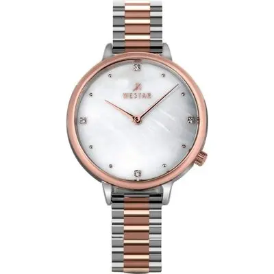 Westar Zing Crystal Accents Two Tone Stainless Steel White Mother Of Pearl Dial Quartz 00135SPN611 Women's Watch