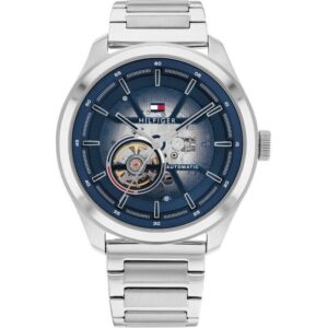 Tommy Hilfiger TH85 44mm Men’s Watch – Silver Stainless Steel, Blue Sunray Dial, 5 ATM Water Resistance & Mechanical Movement (1674785)
