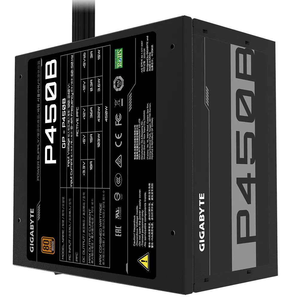 Gigabyte PSU P450B Bronze Certified 450W - 3 Year Warranty; 24/20-pin x 1; CPU 4+4-pin x 1; PCI-E 6+2-pin x 2; SATA x 6; Peri x3 5 Gigabyte PSU P450B Bronze Certified 450W - 3 Year Warranty; 24/20-pin x 1; CPU 4+4-pin x 1; PCI-E 6+2-pin x 2; SATA x 6; Peri x3 - Image 5