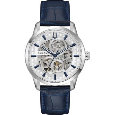 Bulova Sutton Leather Strap Silver Skeleton Automatic 96A330 Men's Watch