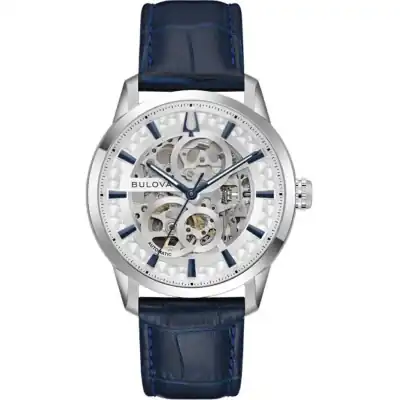 Bulova Sutton Leather Strap Silver Skeleton Automatic 96A330 Men's Watch