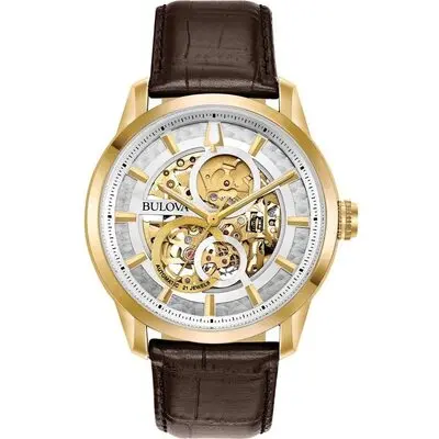 Bulova Classic Sutton Skeleton White Dial Leather Strap Automatic 97A138 Men's Watch