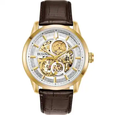 Bulova Classic Sutton Skeleton White Dial Leather Strap Automatic 97A138 Men's Watch