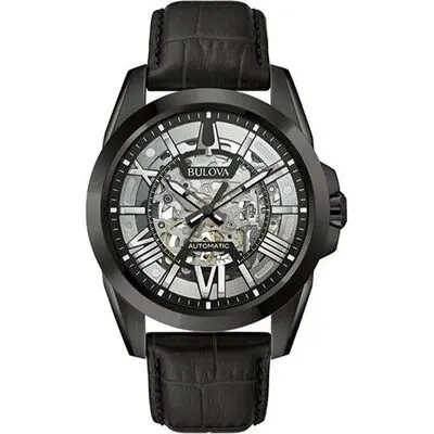 Bulova Classic Sutton Leather Strap Silver Skeleton Dial Automatic 98A304 100M Men's Watch