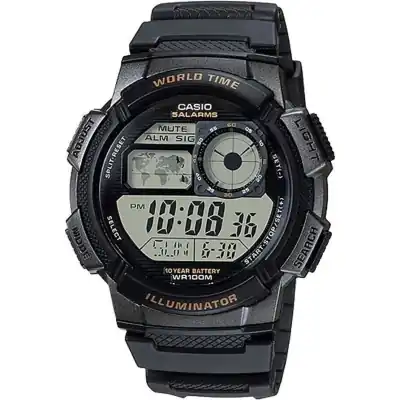 Casio Sport Diver - World Time Illuminator 5 Alarms. 10 Years Battery - Black (AE-1000W-1AVDF) Unisex WATCHES