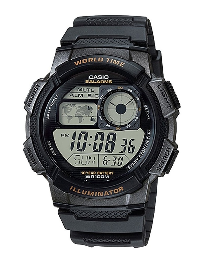 Casio Sport diver - world time illuminator 5 alarms, 10 years battery - black (ae-1000w-1avdf) - Unisex Watch 1 Casio Sport Diver - World Time Illuminator 5 Alarms. 10 Years Battery - Black (AE-1000W-1AVDF) Unisex Watch