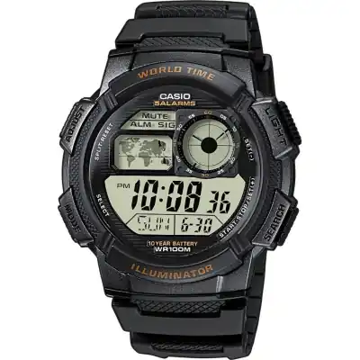 Casio Sport Diver - World Time Illuminator 5 Alarms. 10 Years Battery - Black (AE-1000W-1AVEF) Men WATCHES