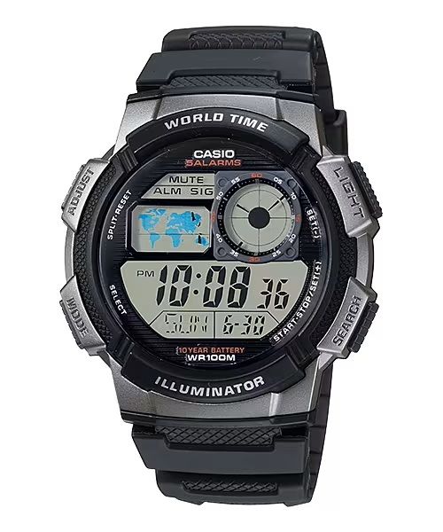 Casio Sport Diver - World Time Illuminator 5 Alarms. 10 Years Battery - Grey (AE-1000W-1BVDF) Men's Watch