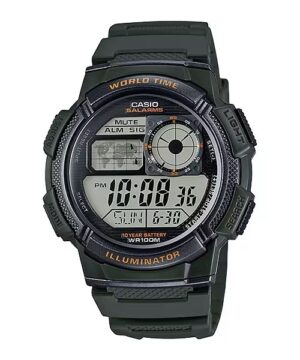 Casio Sport Diver - World Time Illuminator 5 Alarms. 10 Years Battery - Army Green (AE-1000W-3AVDF) Men's Watch