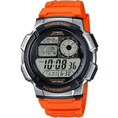 Casio Sport Diver - World Time Illuminator 5 Alarms. 10 Years Battery - Orange (AE-1000W-4BVDF) Men WATCHES