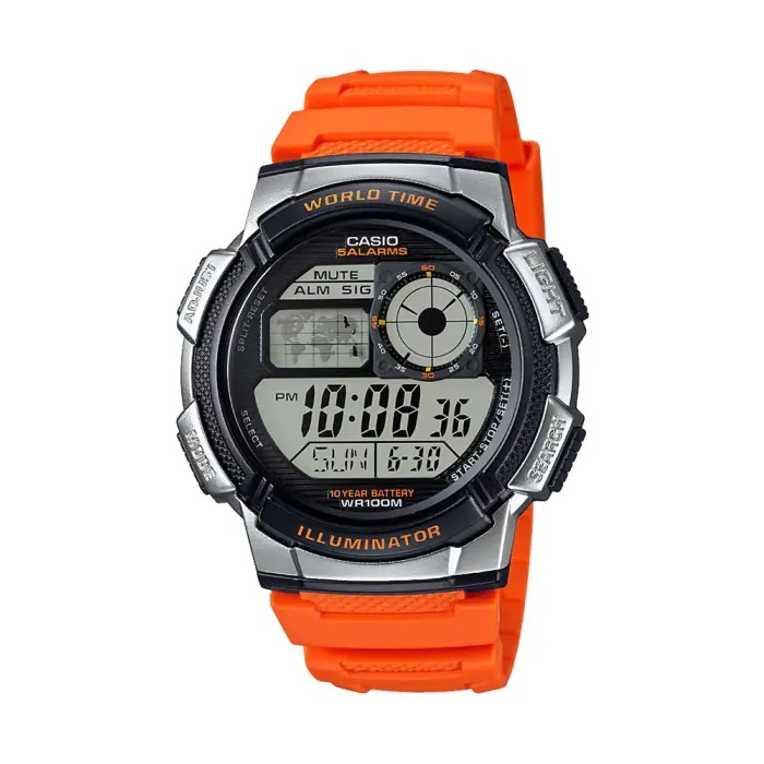 Casio Sport Diver - World Time Illuminator 5 Alarms. 10 Years Battery - Orange (AE-1000W-4BVDF) Men's Watch