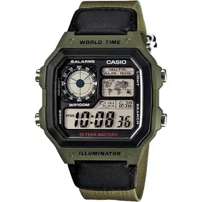 Casio Sport Diver - World Time Illuminator 5 Alarms - Future Classic Collection - Kakhi Green (AE-1200WHB-3BVDF) Men WATCHES