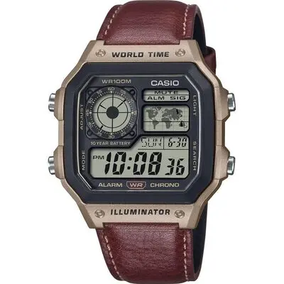 CASIO SPORT WORLD TIME ILLUMINATOR 5 ALARMS - FUTURE CLASSIC COLLECTION - LEATHER BROWN (AE-1200WHL-5AVEF) Men WATCHES