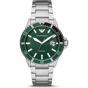 Emporio Armani Diver 42mm Men's Watch – Silver Stainless Steel with Green Sunray Dial (AR11338)