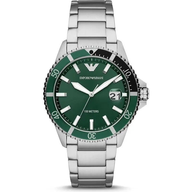 Emporio Armani Diver 42mm Men's Watch – Silver Stainless Steel with Green Sunray Dial (AR11338)