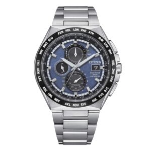 Citizen Eco-Drive Radio Controlled GMT Chronograph Super Titanium Blue Dial AT8238-84L 100M Men's Watch